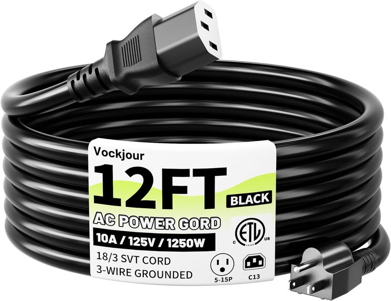 Vockjour كابل طاقة AC ثلاثي الشوكات بطول 12 قدم 10 أمبير 125 فولت 18AWG، NEMA 5-15P إلى C13، كابل طاقة أسود لجهاز التلفاز، الكمبيوتر، الشاشة، الطابعة، بلاي ستيشن، HP، ديل، لينوفو، أبل، أسوس - مدرج في ETL - Image 1